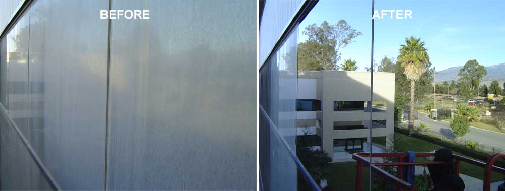 A before and after photo shows the outside of a window. The before side is covered with hard water deposits. In the after photo the window is clean and in the reflection we can see the window is several stories up.
