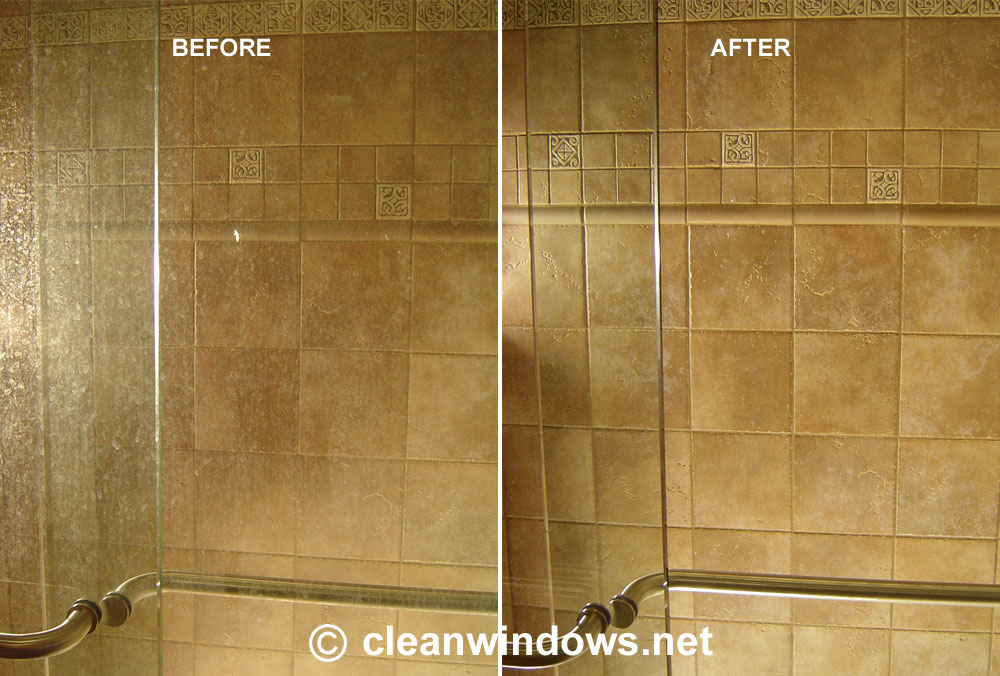 Side by side shows before and after cleaning of a glass shower door.
